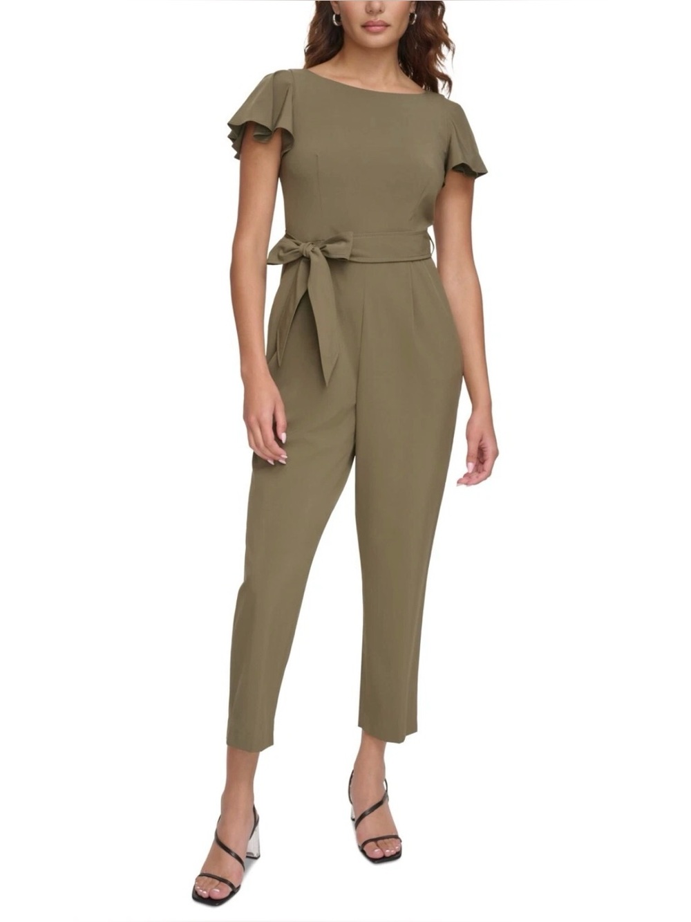 CALVIN KLEIN WOMEN GREEN CAREER BELTED JUMPSUIT SIZE 14 COCKTAIL OFFICE CASUAL